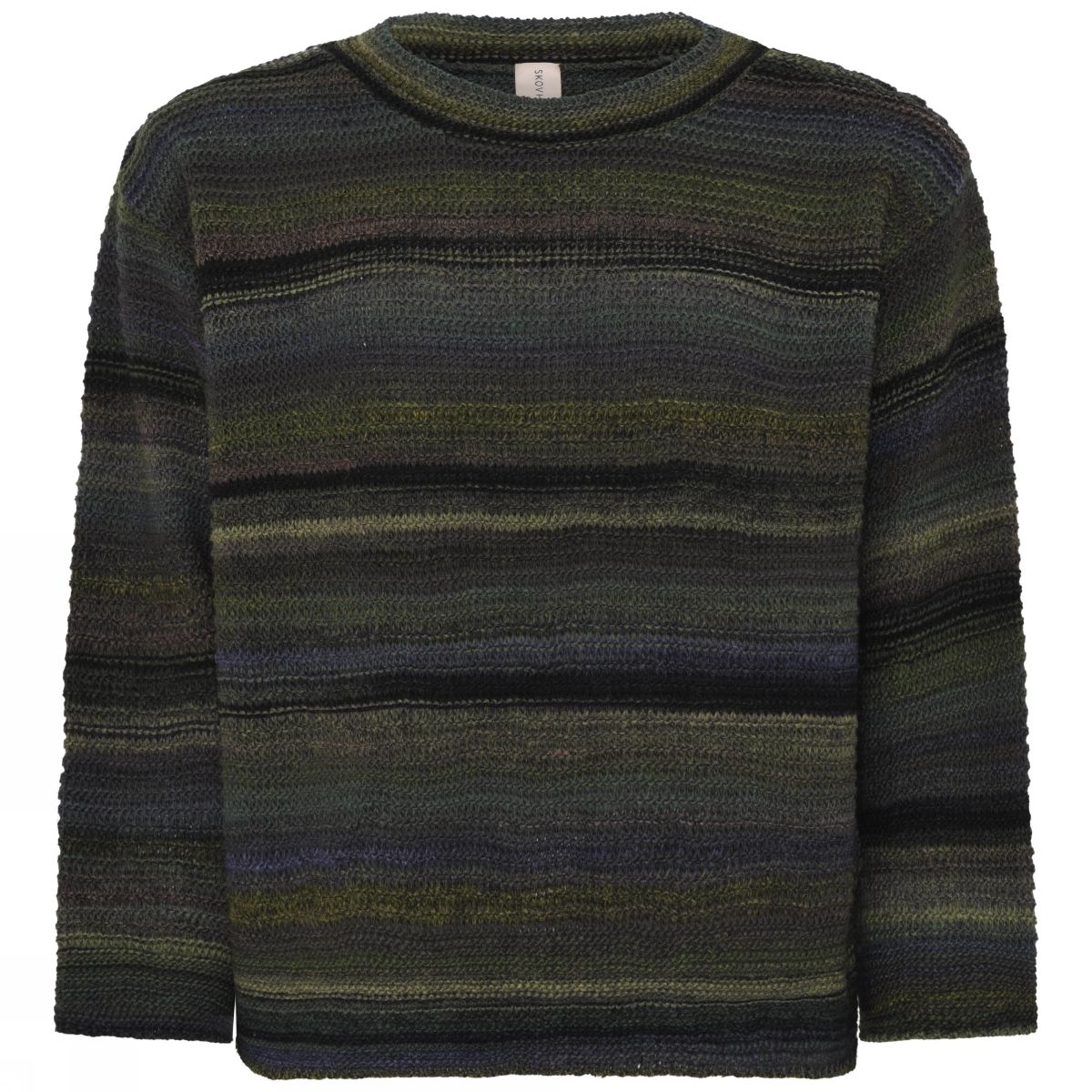 Flerfarget pullover med horisontale striper, strikket tekstur, rund hals og lange ermer.